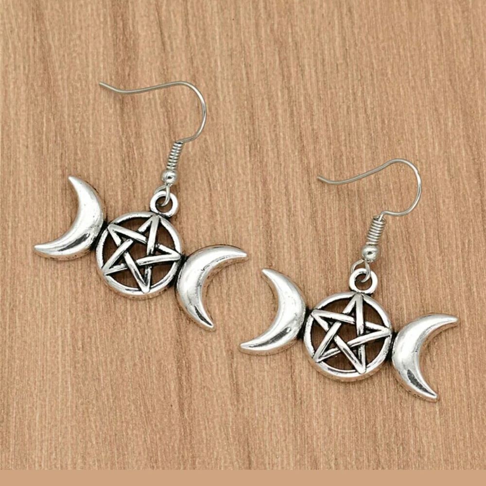 🌕 triple moon goddess earrings w crystal gift
